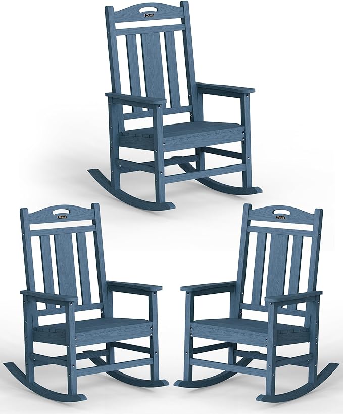 Ciokea Oversized Outdoor Rocking Chairs Set of 3, 380lbs Heavy-Duty Large Patio Rocker, High Back Cozy Porch Chairs, Weather Resistant Patio Rocking Chairs for Outside, Fire Pit, Deck, Slate Blue