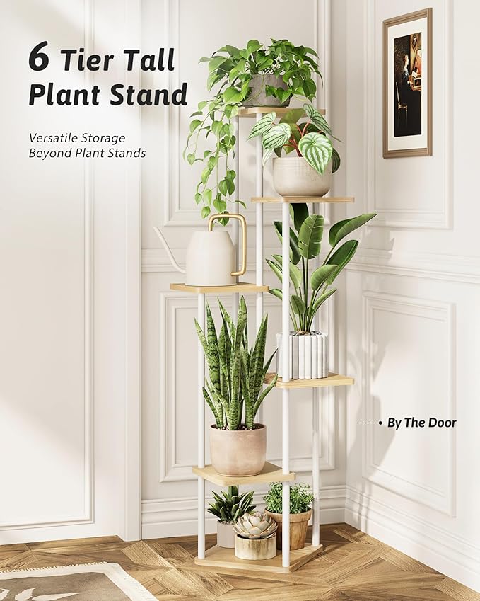 Tall Plant Stand Indoor 6 Tiered Plant Shelf for Multiple Plants Coner Shelf Stand Wood Plant Stand Metal Shelving for Living Room Bedroom Balcony Patio White
