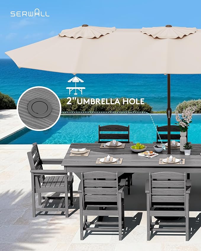 SERWALL 9 Piece Outdoor Dining Set, 84" HDPE Outdoor Table and Chairs for 8，All Weather Patio Furniture Set with Umbrella Hole for Backyard, Garden, Gray