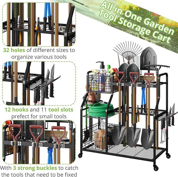 keomaisyto Garden Tool Organizer with Heavy Duty Wheels for Garage - with 2 Baskets, Large Yard Tool Organizer and Storage Holder, Utility Garden Tool Rack for/Shed/Garage/Yard/Basement/Lawn