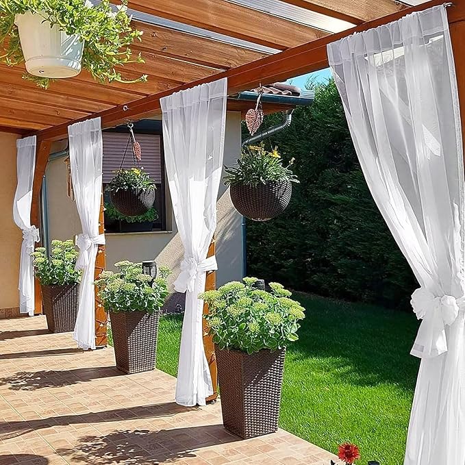 SpaceDresser Waterproof Outdoor Sheer Curtains for Patio - 4 Panels Rod Pocket Indoor Voile Sheer Curtain for Living Room,52W x 84L inch, White