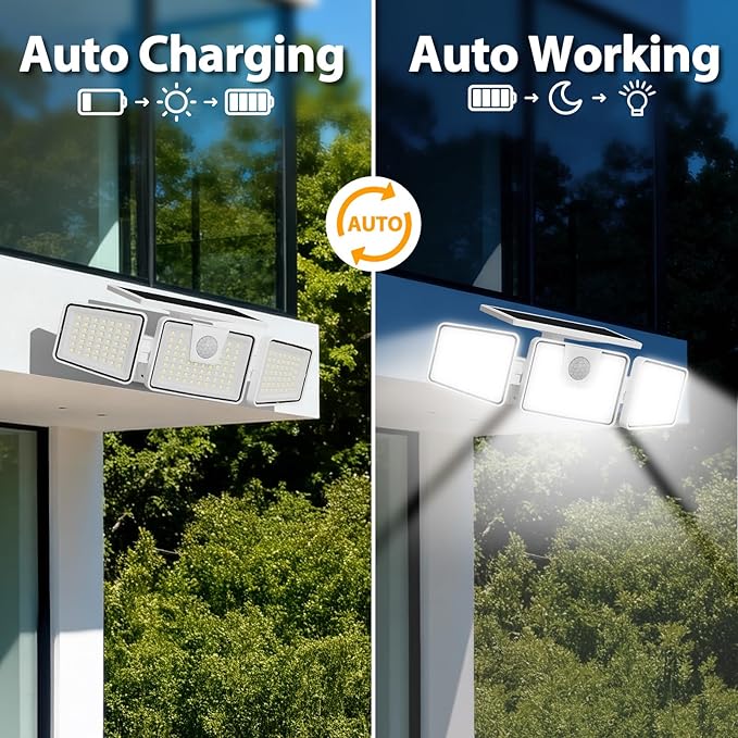 INCX 156 LED Solar Motion Lights Outdoor 2 Pack, 3 Heads Solar Security Lights with Motion Sensor IP65 Waterproof, Flood Lights for Wall, Patio, Garden, Porch, Garage White