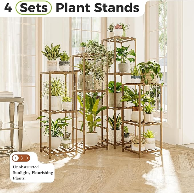 Bamworld 4 Sets Tall Plant Stands Indoor Outdoor Combo Plant Shelves Wooden Plant Holder Rack for Multiple Plants Flower Stands for Living Room Balcony Garden Patio Lawn Window