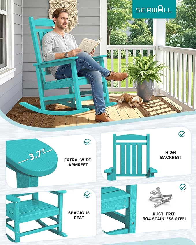 SERWALL Oversized Outdoor Rocking Chair, All-Weather Patio Rocking Chair, HDPE Porch Rocker for Adults, Aruba Blue