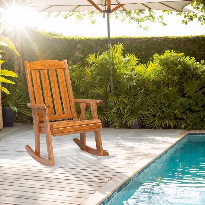 VINGLI Outdoor Rocking Chair Set of 2, Heavy Duty 600 LBS Wooden Rocking Chair with Comfortable Backrest, Weatherproof Rocker with Ergonomic Design, Suit for Patio, Garden, Yard, Teak