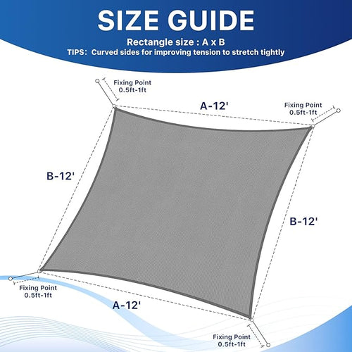 12'x12' Sun Shade Sail, UV Protection Outdoor Shade, Curved Tear Resistant Heavy Duty Sun Shade for Patio Garden, Backyard, Deck, Car Port, Playground, (Grey)