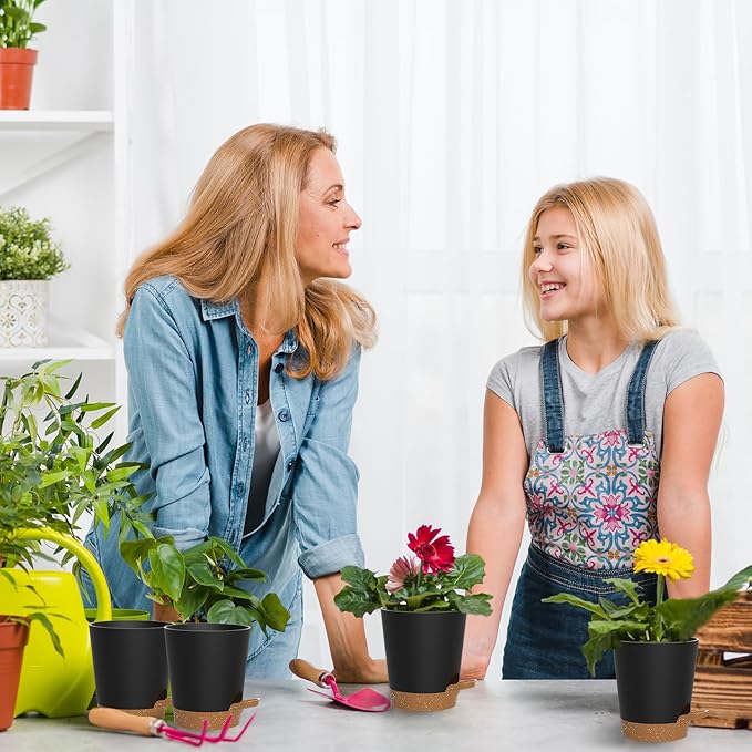 Self Watering Pots, 4 inch Flower Pots with Multi Mesh Drainage Holes, Small Platic Planters for Indoor Outdoor Garden Plants and Flowers (Black with Brown Tray, 4")