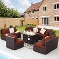 NICESOUL 9 Pcs Large Patio Furniture Set with Fire Pit Propane/Natural Gas, 29.3'' High Back Wicker Outdoor Sectional for 8 People, Modular Deep Sofa Conversation Sets, Brown Rattan and Red Cushion