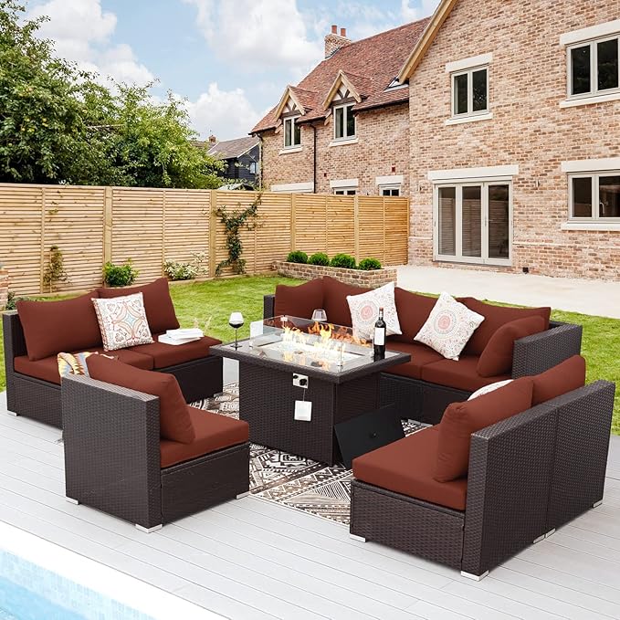 NICESOUL 9 Pcs Large Patio Furniture Set with Fire Pit Propane/Natural Gas, 29.3'' High Back Wicker Outdoor Sectional for 8 People, Modular Deep Sofa Conversation Sets, Brown Rattan and Red Cushion