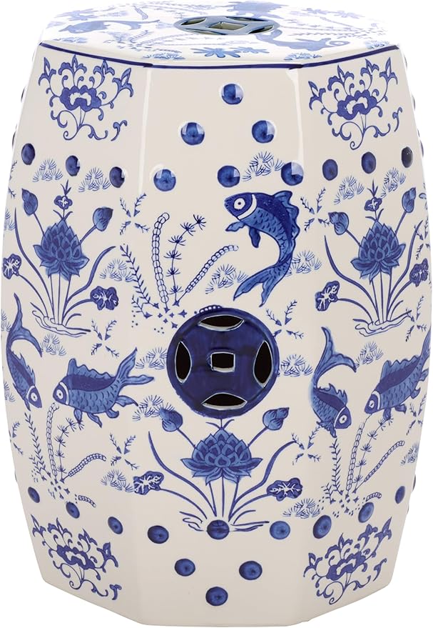 Safavieh Castle Gardens Collection Glazed Ceramic Blue Cloud 9 Chinoiserie Garden Stool