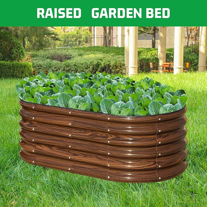 SnugNiture 4x2x1.5ft Raised Garden Bed Outdoor, 17" Tall Galvanized Metal Planter Box, Oval Raised Garden Bed Kit for Planting Vegetables Plants Fruits, Brown