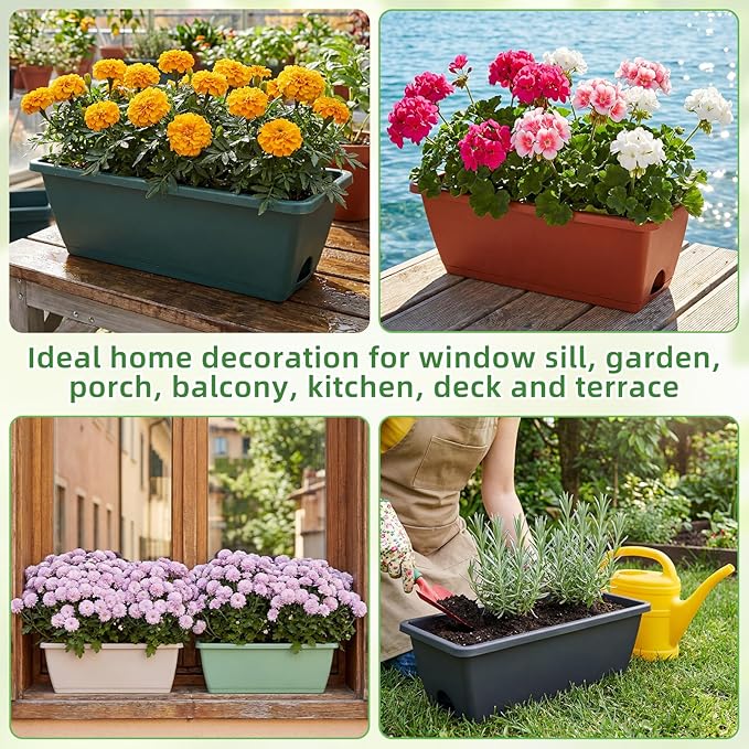 12 Pack Window Box Planter 17 Inches Rectangular Vegetable Flower Planters with Drainage Holes and Saucers Plastic Flower Pots Coloful Herb Planter for Indoor Outdoor Patio Garden Home Decor
