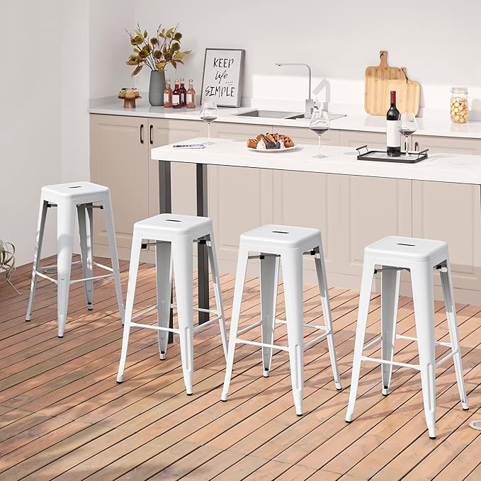 Yaheetech 30 Inch Metal Bar Stools Set of 4, Bar Height Backless Bartools, Industrial Stackable Bar Chairs with Footrest for Kitchen/Dining Room/Bistro/Patio, White
