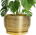 SQOWL Ceramic Planter for Indoor Plants - 10 Inch Plant Pot with Drainage Hole and Saucer, Modern Round Planter Outdoor, Large Decorative Flower Pot, Apartment Decor, Birthday Gifts, Gold