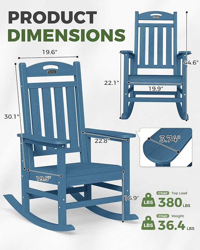 Oversized Outdoor Rocking Chairs Set of 2, High Back Outdoor Rocker Chair, HDPE Rocking Chairs for Patio, 380lbs Weight Capacity, Navy Blue
