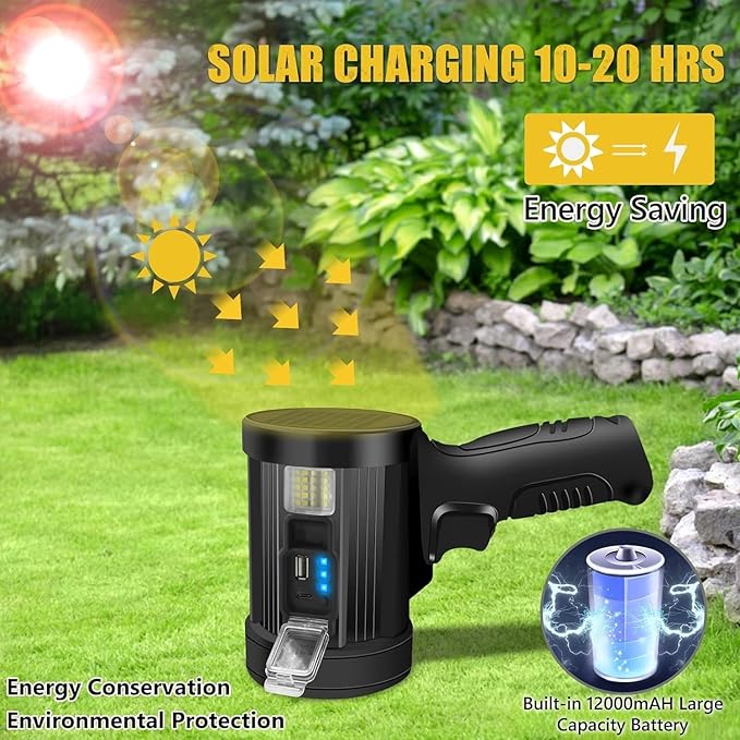 Spotlight 1000000 Lumens, 6 Modes Led Rechargeable Spotlight Flashlight As Seen on TV with Tripod, 3 Color Filters, Super Bright Solar Spot Lights Outdoor Handheld for Hunting, Boating, Large