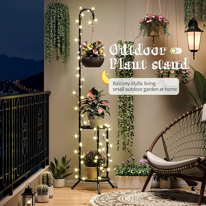 Plant Stand with Hooks Indoor Outdoor Corner Tall Plant Stand Heavy-Duty Metal 3-Tier Plant Shelf Holder Rack for Patio Garden Balcony Living Room Bedroom(semicircular Black)