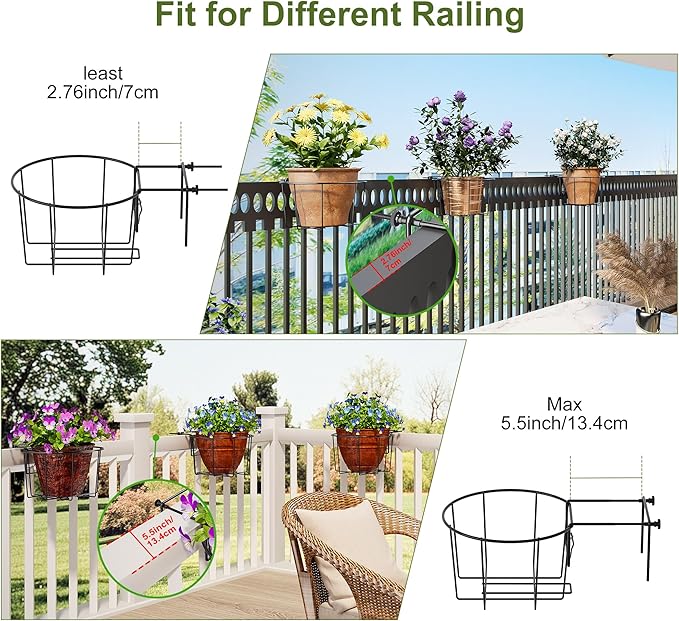TQVAI 10 Inch Railing Planter - Fit for 3 to 5.5 Inches Railing - Adjustable Hanging Planters Outdoor Balcony Deck Flower Pot Holder Metal Baskets for Garden Orchid, Patio Ledge, 3 Pack, Black