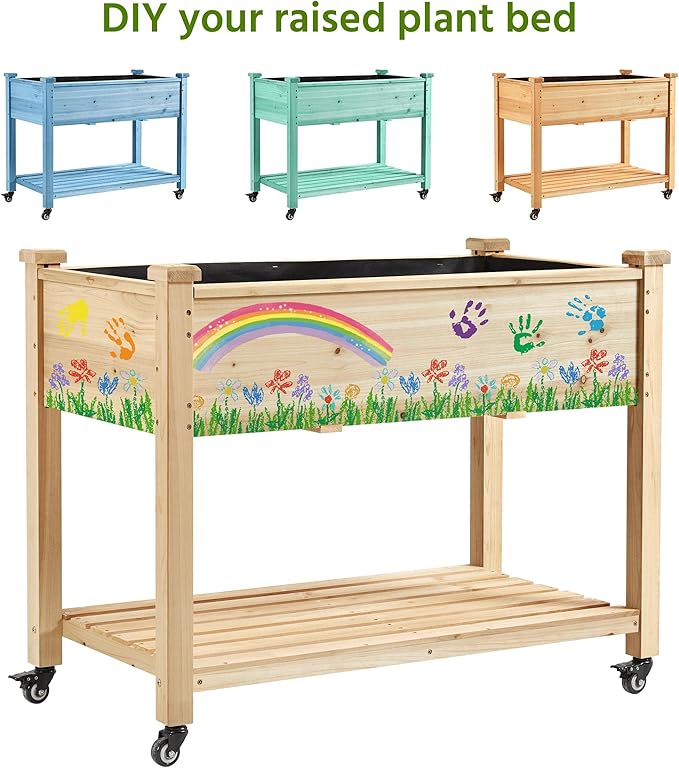 Yaheetech 42x23x33in Wooden Raised Garden Bed with Wheels Horticulture Flower Planter Boxes Elevated Vegetables Growing Bed for Grow Herbs and Vegetables