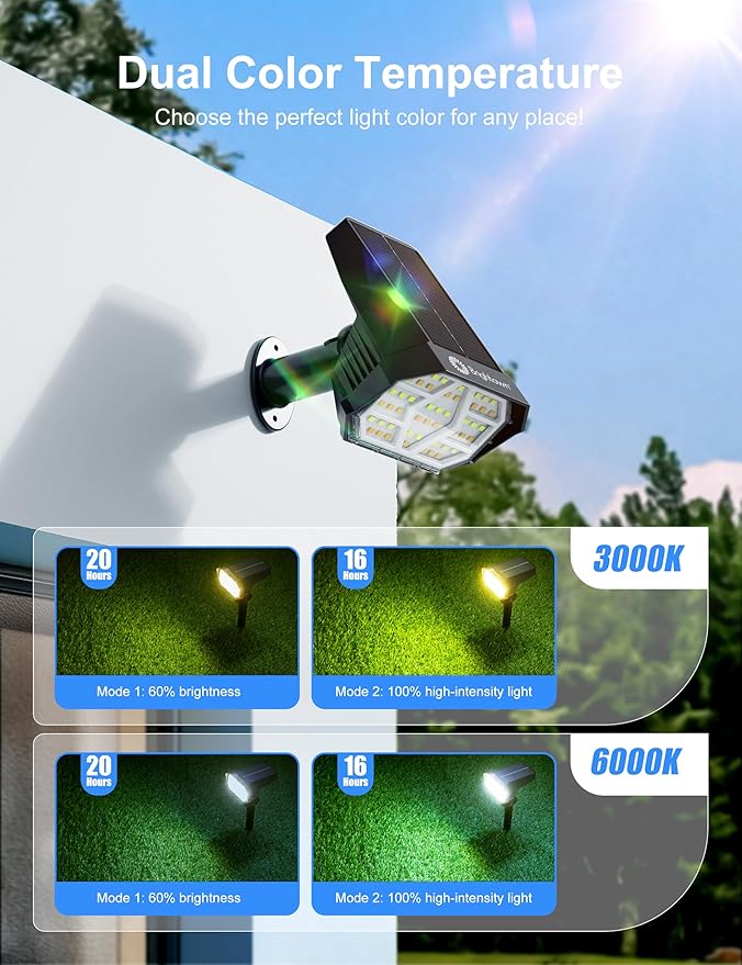 Brightown 4Pack Solar Spot Lights Outdoor [Cool & Warm Light 2-in-1], IP67 Solar Lights Outdoor Waterproof with 1800mAh, Two Mounting Methods Outdoor Solar Lights for Yard, Garden and Pathway