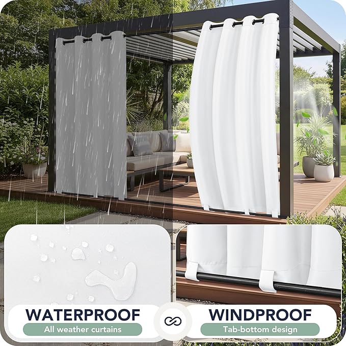 Outdoor Curtains for Patio Waterproof 6 Panels - Windproof, Privacy, Weatherproof Outside Drapes for Gazebo Pergola Porch, Grommet Top and Tab Bottom, 54x84 Inch, White