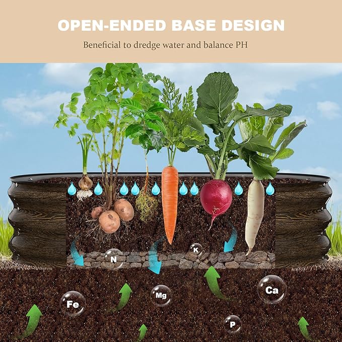 4x2x1FT Galvanized Raised Garden Beds,Raised Garden Bed with Safety Edging and Gloves,Oval Metal Planter Box for Gardening Vegetables Flowers Herb-Classic Walnut