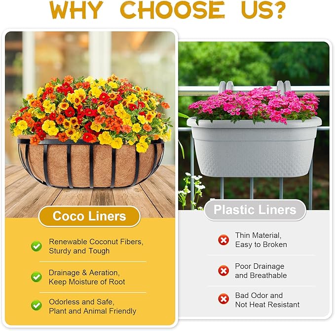Riare 2 Pack 24 Inch Trough Coco Coir Liners for Planters, Pre-Formed Coconut Coir Replacement Liner Natural Coco Fiber Window Box Liners for Wall Planter, Window Basket Deck Railing Planter