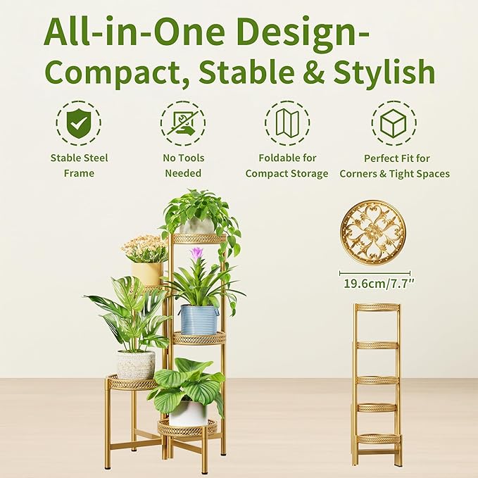 Tall Plant Stand Indoor Outdoor, Corner Metal Flower Pot Stands for Multiple Plants, 5 Tier Heavy Duty Plant Shelf for Patio Garden Balcony Living Room Bedroom - GoldWave