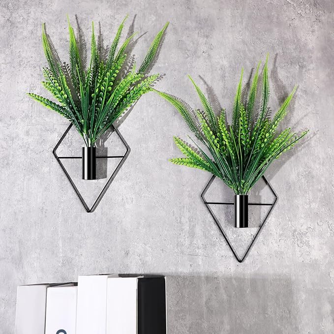 2 Pieces Black Wall Decor Hanging Planters with Artificial Plants Metal Hanging Vase Indoor Plants Holder Modern Geometric Wall Art for Bathroom Bedroom Living Room Decor(Boston Fern)