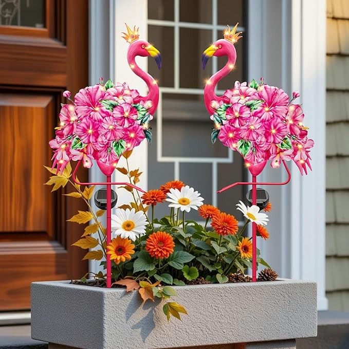 Hexagram Flamingo Yard Decor, Flamingo Solar Lights Outdoor with 2 Pack, Pink Metal Garden Solar Stake Lights, Outside Stakes Decorations for Patio Pathway Lawn