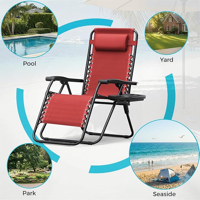 Homall Zero Gravity Chair Patio Folding Lawn Outdoor Lounge Gravity Camp Reclining Lounge Chair with Cup Holder Pillows for Poolside Backyard and Beach Set of 4 (Red)