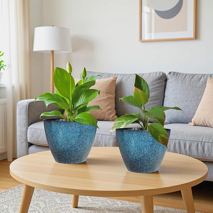2 Pack Plastic Plant Pots with Drainage Holes, 8 inch Planter for Indoor Outdoor Plant, Garden Flower Pots for Aloe, Herbs, Cactus(Blue, 2pcs)