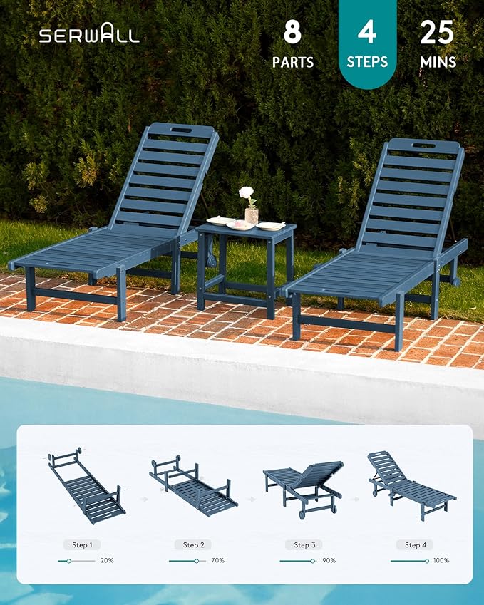 SERWALL Outdoor Chaise Lounge Set of 8, HDPE Pool Lounge Chairs with 5-Position Adjustable Backrest, Patio Loungers with Rolling Wheels & Cup Holder for Pool Sunbathing, Navy