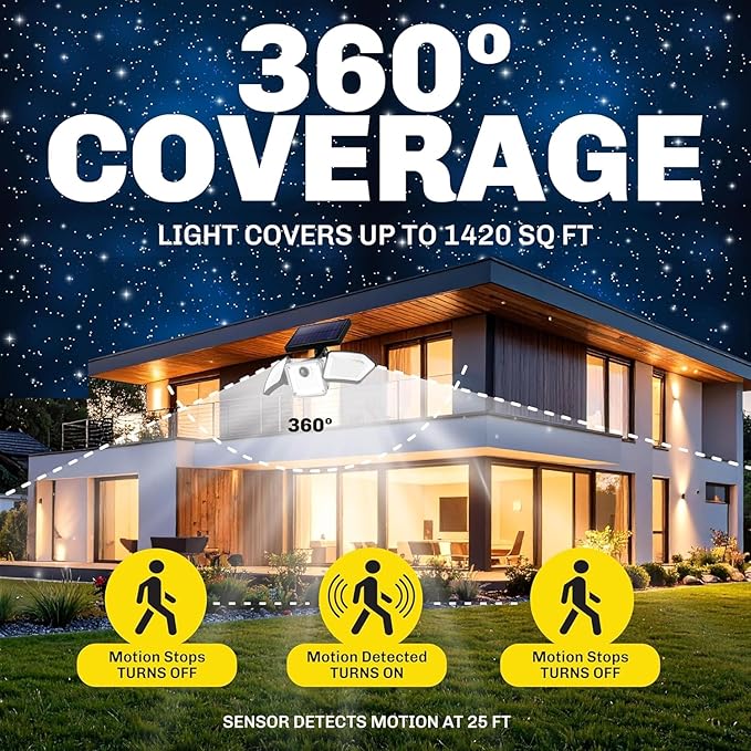 Bionic Flood Light 4 Pk Solar Lights Outdoor Waterproof, Ultra Bright 89 LEDs, 3 Heads Wide Angle Motion Sensor Outdoor Lights for Security, Wall, House, Spot Light, IP65 Waterproof – Stakes Included