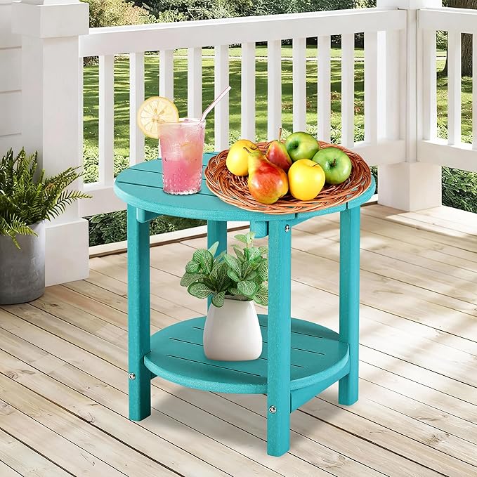 LZRS Round Adirondack Side Table Double End Table, Outdoor Side Tables for Patio, Backyard,Pool, Indoor Companion, Easy Maintenance & Weather Resistant(Turquoise)