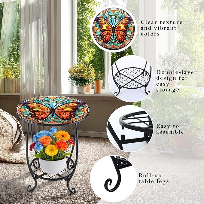 Outdoor Side Table Round Small Mosaic Patio Accent Indoor End Plant Coffee Tea Table for Yard Patio Porch Garden Living Room, Bedroom(Butterfly B Style,12 Inch)