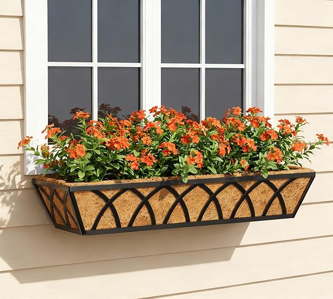 Y&M 24 Inch Fence Metal Hanging Flower Planter Window Basket Deck Railing Planter Boxes for Outdoor Garden Lawn， Window Deck with Coco Liner,6pcs