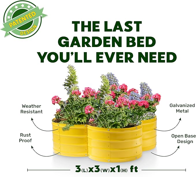 Plant & Plot Galvanized Raised Garden Beds Outdoor // 3×3×1 ft Planter Raised Beds for Gardening, Vegetables, Flowers // Large Metal Garden Box (Yellow) // Patented Tool-Free Design