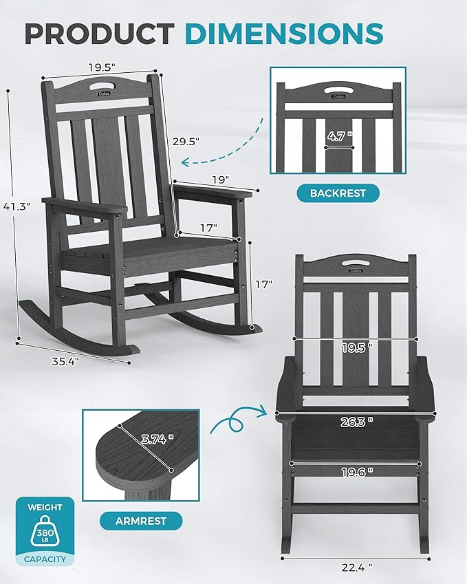 Ciokea Oversized Outdoor Rocking Chairs Set of 2, 380lbs Heavy-Duty Large Patio Rocker, High Back Cozy Porch Chairs, Weather Resistant Patio Rocking Chairs for Outside, Fire Pit, Deck, Dark Grey
