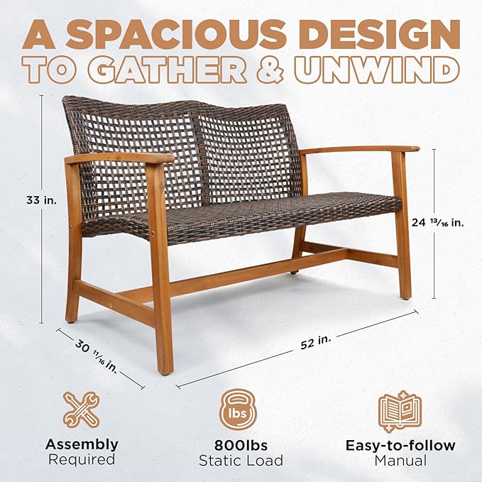 IDZO Harmonie 800lbs Capacity Outdoor Loveseat Furniture, FSC Certified Acacia Patio Sofa with Upgraded 2000 Hours UV Resistant Wicker, Teak Finish Porch Couch
