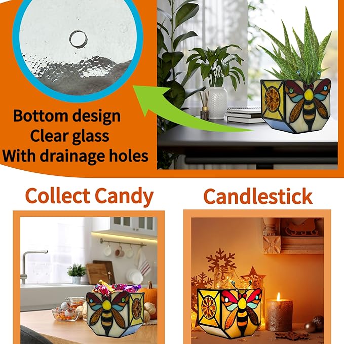 Stained Glass Bee Planter, Plant Pots with Drainage,Cute Flower Pots,Bee Gifts for Women4.6x3x5.15 Inches