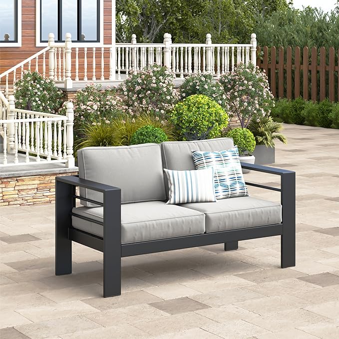 Wisteria Lane Patio Furniture Metal Loveseat, Metal Outdoor Chairs with Upgraded Cushions, All-Weather Outdoor 2 Seats Sofa Couch for Balcony, Garden, Deck, Backyard, Light Grey