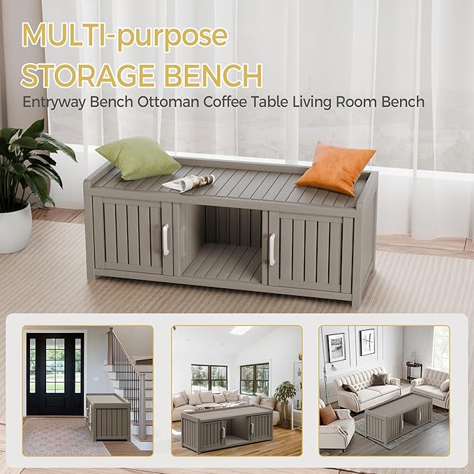 Storage Bench - Waterproof Resin Shoe Bench with Adjustable Shelves - Indoor & Outdoor Use, 2 Doors Entryway Bench with Hidden Storage Space - Storage Cabinet for Bedroom, Hallway, Grey