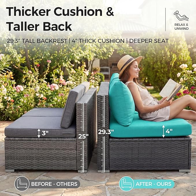 NICESOUL 13 Piece Patio Furniture Set with Fire Pit, Oversized Large Outdoor Sectional with Lounger & Fire Pit, 500 lbs High Weight Capacity Wicker Deck Seating for 10, Gray & Teal