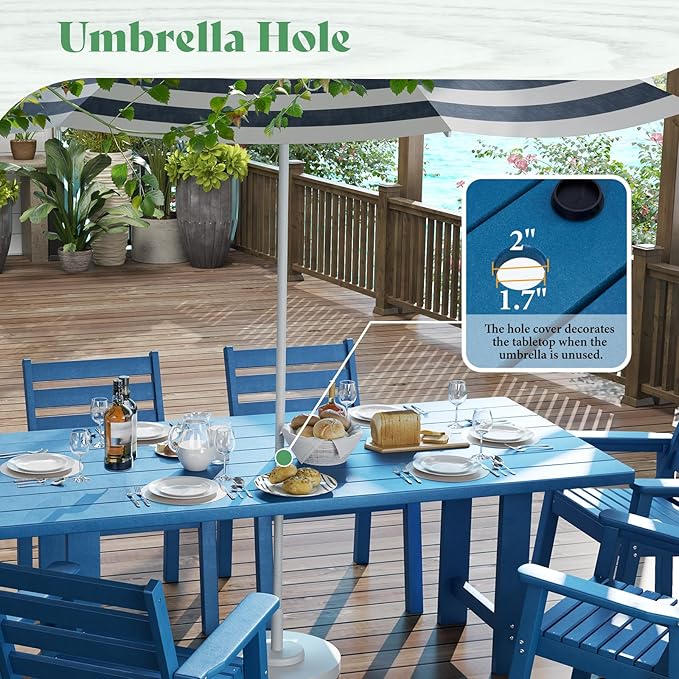 AMERLIFE 7-Piece HDPE Outdoor Dining Set with Umbrella Hole, 71" L Patio Table and Chairs Set for 6, Modern Garden Dining Set for Backyard, Poolside, Porch, Seaside, Blue