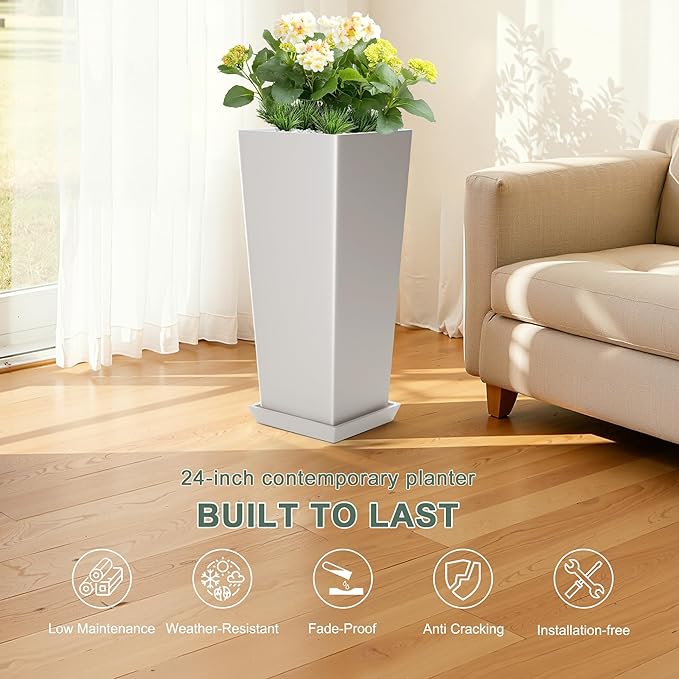 24" Tall White Planters for Outdoor Plants Set of 2, Large Flower Pots Planters with Drainage Holes & Tray, Modern Indoor Tapered Tall Planter for Front Porch