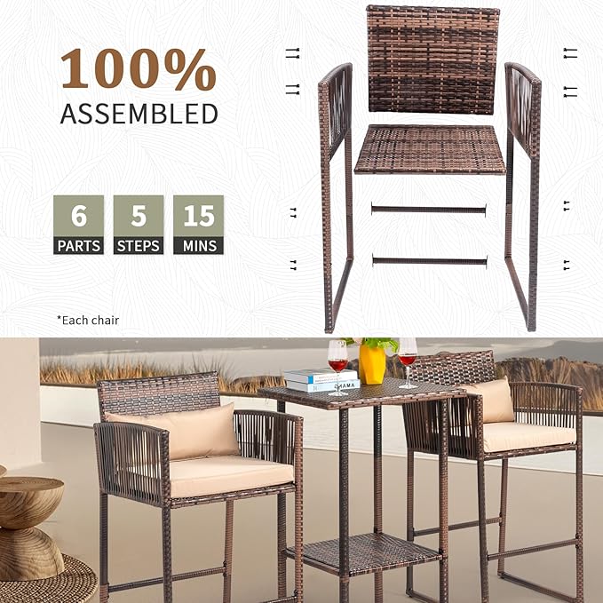 VINGLI 3 PCS Patio Bar Set Wicker, Outdoor Bar Table and Bar Stools with Storage Shelf and Cushions, Bar Height Outdoor Table and Chairs Wicker Furniture