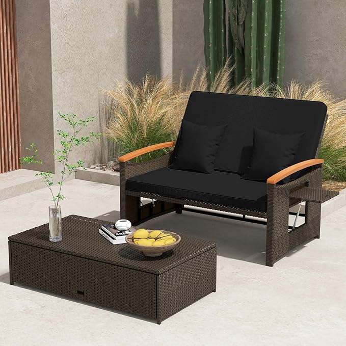 Tangkula Patio Rattan Daybed with 4-Level Adjustable Backrest, Outdoor Wicker Loveseat with Acacia Wood Armrest, Storage Ottoman & Folding Tray, Double Sunbed for Balcony, Backyard & Poolside (Black)