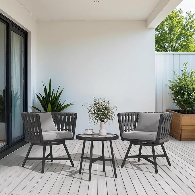 Grand patio Swivel Rope Wicker Chairs Set of 2, Patio Dining Chairs with Cushions, Wicker Armchairs Frame, Outdoor Modern Style for Backyard, Balcony, Quinn, Dark Grey
