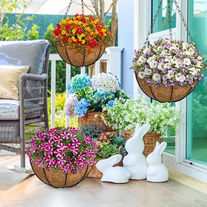 ZeeDix 12 Inch Hanging Baskets for Plants Outdoor - 3 Pack Hanging Planters with Coconut Liners, Metal Round Hanging Planter for Flowers Vegetables